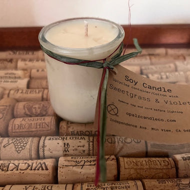 Soy candle - in Recycled Yogurt pot - Sweet Grass & Violet