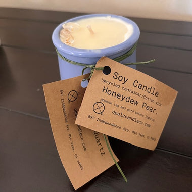 Soy candle - in Recycled Yogurt pot - Honeydew Pear with Rose Quartz
