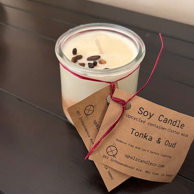 Soy candle - in Recycled Yogurt pot - Tonka & Oud with Tiger's Eye