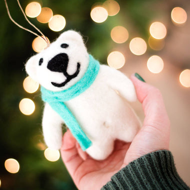 Happy Bear Holiday Eco Wool Ornament - Blue