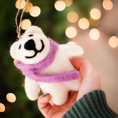 Happy Bear Holiday Eco Wool Ornament - Purple